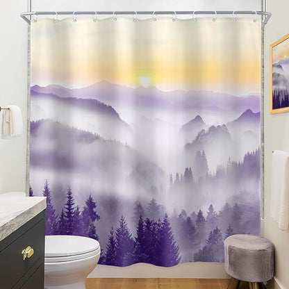 Riyidecor Misty Mountain Shower Curtain 72Wx72H Inch Purple Sunrise Nature Scenery Foggy Pine Tree Woodland Modern Rustic Natural Landscape Bathroom Decor Fabric Polyester Waterproof 12 Pack Hooks