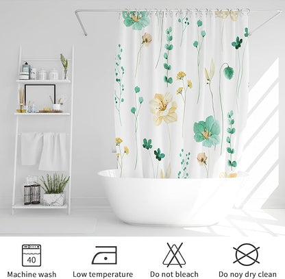 Gibelle Watercolor Floral Shower Curtain, Mint Green Beige Flower Shower Curtain for Bathroom, Modern Minimalist Waterproof Fabric Shower Curtain Set 72x72 Inch
