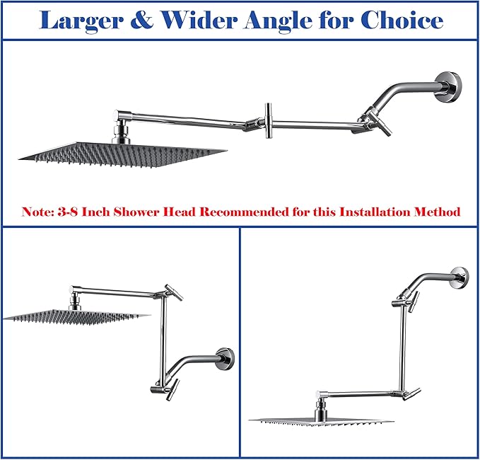 Chrome Shower Arm Extension - 13'' Adjustable Height & Range, Universal Connector, Locking Nuts