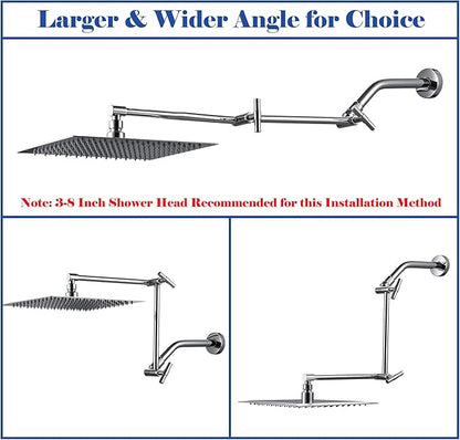 Chrome Shower Arm Extension - 13'' Adjustable Height & Range, Universal Connector, Locking Nuts