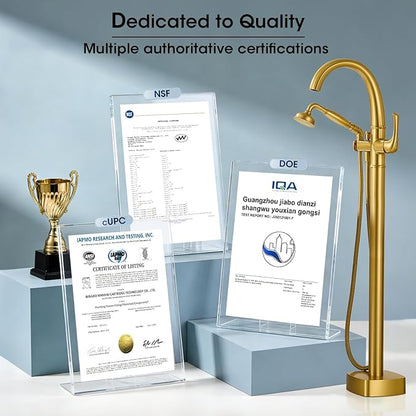 Free Standing Tub Faucet, Jabbol Luxury Freestanding Bathtub Faucet with Sprayer, Brass Bathroom Floor Mount Tub Filler, Brushed Gold (JB-8811BG)