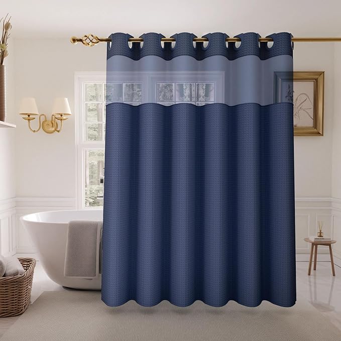 Inhousolu Long No Hook Shower Curtain with Snap in Fabric Liner Set Waffle Weave 230GSM Weighted Hem, Waterproof & Washable Bathroom Curtain Spa Luxury with Mesh Top Window 72" W x 84" L Navy Blue