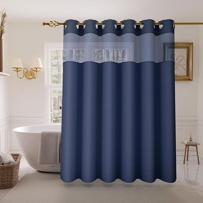 Inhousolu Long No Hook Shower Curtain with Snap in Fabric Liner Set Waffle Weave 230GSM Weighted Hem, Waterproof & Washable Bathroom Curtain Spa Luxury with Mesh Top Window 72" W x 84" L Navy Blue
