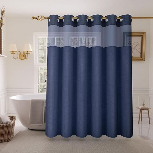 Inhousolu Long No Hook Shower Curtain with Snap in Fabric Liner Set Waffle Weave 230GSM Weighted Hem, Waterproof & Washable Bathroom Curtain Spa Luxury with Mesh Top Window 72" W x 84" L Navy Blue
