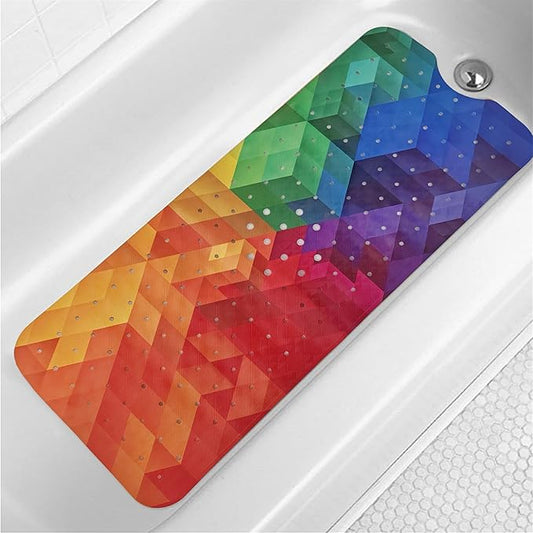 Rainbow Bathtub Mat Non Slip for Kids 40x16 Extra Long Geometry Modern Art Bath Mat for Tub Anti Slip 3D Cubic Abstract Bath Shower Mat with Large Drain Holes and Suction Cups Colorful Bathroom Decor