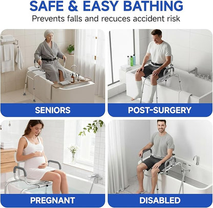 Sliding Shower Chair with Swivel Seat, Tub Transfer Bench for Elderly & Disabled, Adjustable Shower Chair with Arms & 350lb Capacity