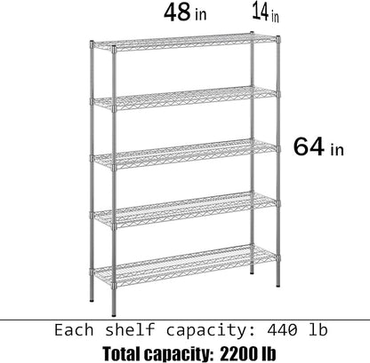 14" Deep x 48" Wide x 64" Height Wire Shelving Kit | 5-Tier | NSF Commercial Storage Rack Unit