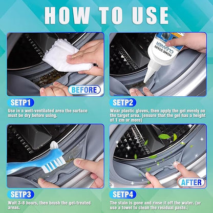 Mold Stain Remover Gel - Powerful Cleaner for Washing Machine Seals, Refrigerator Gaskets, Tile Grout, Kitchen & Bathroom Sinks - Thick, Bleach-Free Cleaning Gel with Applicator Brush,3.38 Fl Oz
