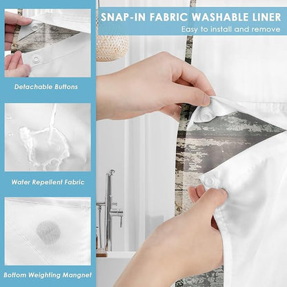 No Hook Vintage Flower Shower Curtain with Snap in Fabric Liner Set, Daisy Wooden Boards Double Layers Waterproof Fabric with See Through Top Window Open Grommet Bath Curtain 54x80 Inch