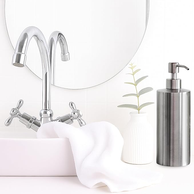 Silver Soap Dispenser Stainless Steel for Bathroom and Kitchen Sink, 15oz Refillable Round Rustproof Hand Dish Soap Dispenser Pump for Detergent, Lotion, and Countertop