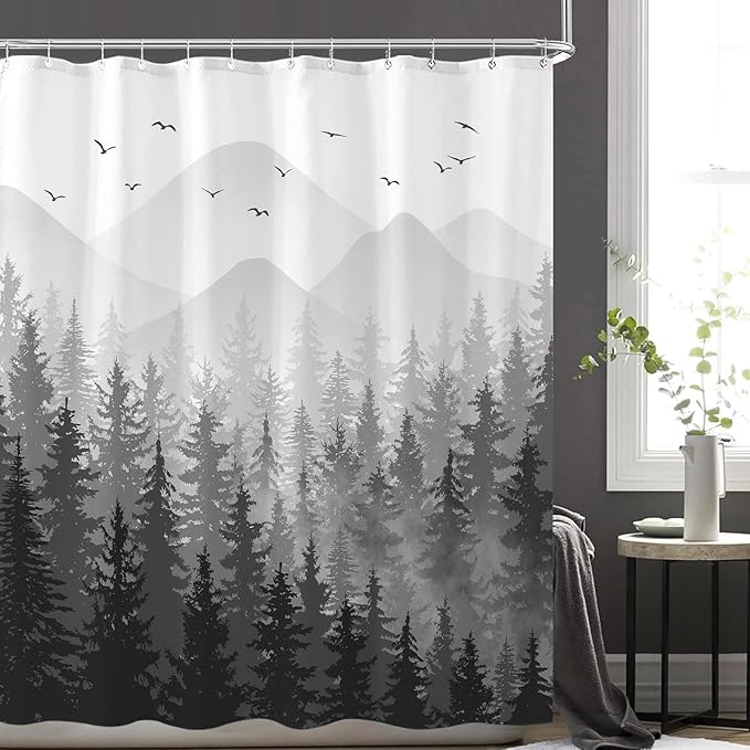 Aipon Black Misty Forest Shower Curtain Gray Ombre Nature Tree Plants Shower Curtains Fabric Waterproof Mountain Shower Curtain Sets for Bathroom Bath Decor with 12 Hooks (Black, 72'' × 72'')