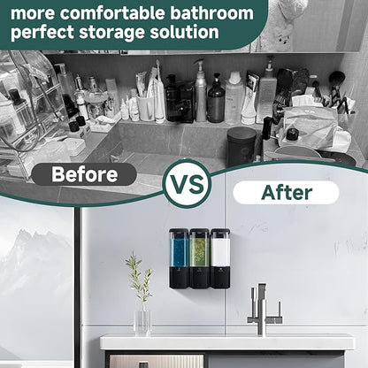 Shampoo and Conditioner Dispenser Wall Mounted No Drill, Shower Soap Dispenser 3 Chamber Shampoo Conditioner Body Wash Refillable 3 * 17oz Shower Soap Dispenser for Bathroom Hotel, Black+Clear