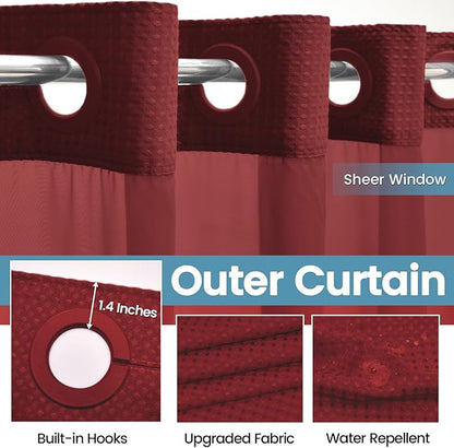 Burgundy No Hook Shower Curtain with Snap in Liner,230GSM Waffle Weave Shower Curtains for Bathroom,71W x 74H