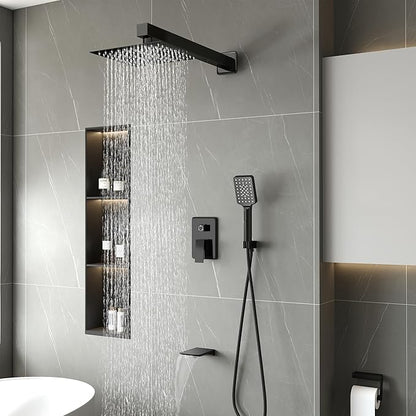 Shower Faucet Set Complete Matte Black Shower System with 8 inch Square Rainfall Shower Head 3-Function Handheld Shower Waterfall Bathtub Spout Rain Shower Combo Set Bathroom Wall Mounted