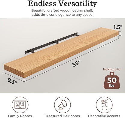 Floating Shelves for Wall, 9.3" Deep Wall Mounted Wood Shelves for Bathroom, Bedroom, Living Room, Kitchen, Hanging Shelf for Books/Storage/Room Decor (Oak, 55")