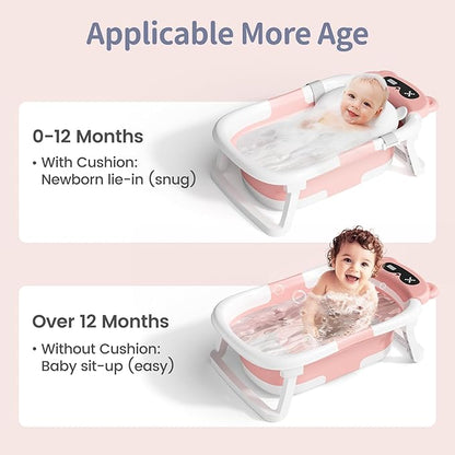 Collapsible Baby Bathtub for Newborn to Toddler (0-18 Months) - Foldable Baby Bath Tub with Soft Towel, Newborn& Infant Bathtub for Travel and Outdoor, Pink