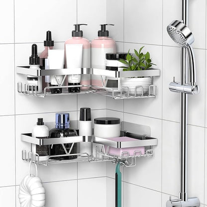 KEGII Corner Adhesive Shower Caddy, Rustproof Shower Shelf with Soap Holder & 14 Hooks, No Drilling Bathroom Rack Storage, Stainless Steel Organizer for Bathroom