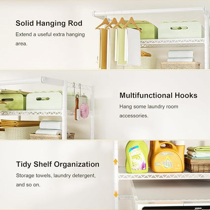Ulif U11 Mini Over Washer and Dryer Shelves, 3 Tiers Laundry Room Storage and Organizer Standing Shelf, Metal Freestanding Clothes Drying Rack, 28.3”W x 19.7”D x 77.6”H, White