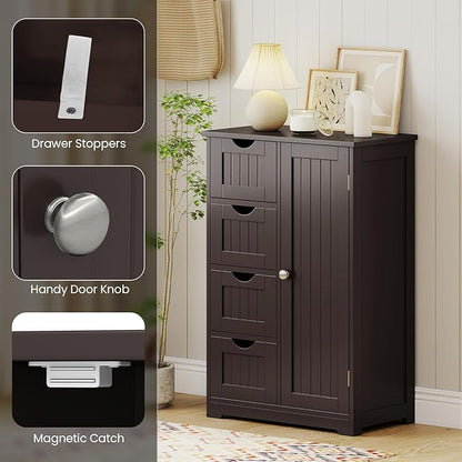 Giantex Bathroom Storage Cabinet with Drawers - 4 Drawer Storage Organizer w/Cupboard, Adjustable Shelf, Anti-Toppling Device, Entryway Storage Unit Console Table, Bathroom Floor Cabinet (Brown)