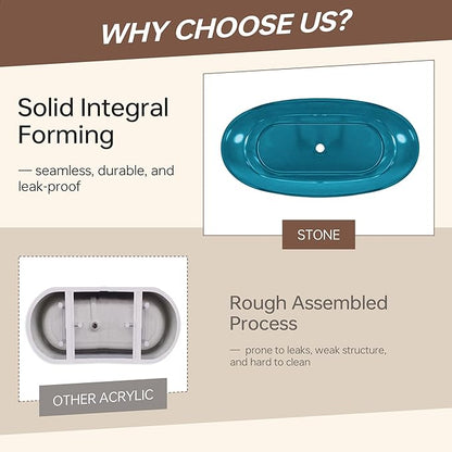 WOODBRIDGE 63" L x 28-3/8" W Transparent Blue Stone Resin Freestanding Soaking Tub with Double Ended Design