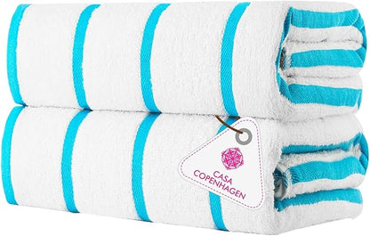 CASA COPENHAGEN Cabana Pool 2 Pieces Large Bath Sheet Set 70" x 35", 550 GSM, Designed in Denmark, Made of Soft Egyptian Cotton for Bathroom, Beach & Shower - White Teal Stripe