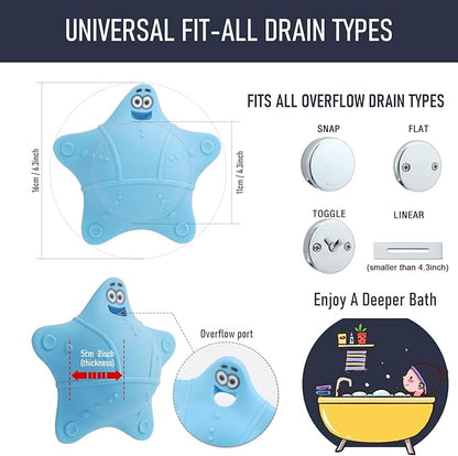 Bathtub Overflow Drain Cover, Bath Accessories, Soak Bath Overflow Drain Cover, Silicone Bath Tub Drain Plug with 5 Suction Cups, Adds Inches of Water for Deeper Bath, Tub Overflow Drain Stopper(Blue)