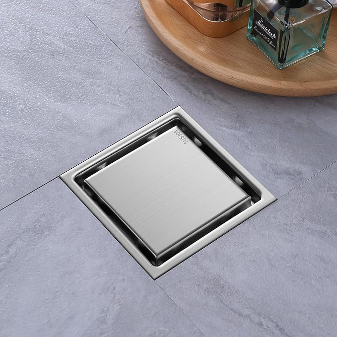 Hidden Brushed Square Shower Floor Drain, Silver 4 inch, 304 Stainless Steel, with Flange, Detachable Cover Embedded with Ceramic Tiles
