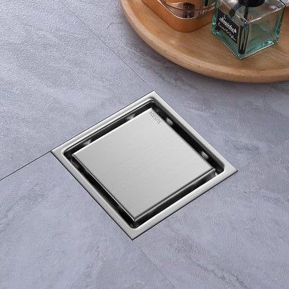 Hidden Brushed Square Shower Floor Drain, Silver 4 inch, 304 Stainless Steel, with Flange, Detachable Cover Embedded with Ceramic Tiles