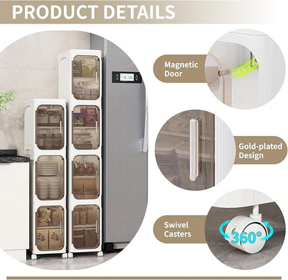 KHNR 2-Tiers Slim Bathroom Storage Cabinet, Foldable Storage Cabinets,Narrow Bathroom Storage,Movable Bathroom Storage Organizer for Small Spaces,Bathroom,Kitchen,Laundry,White