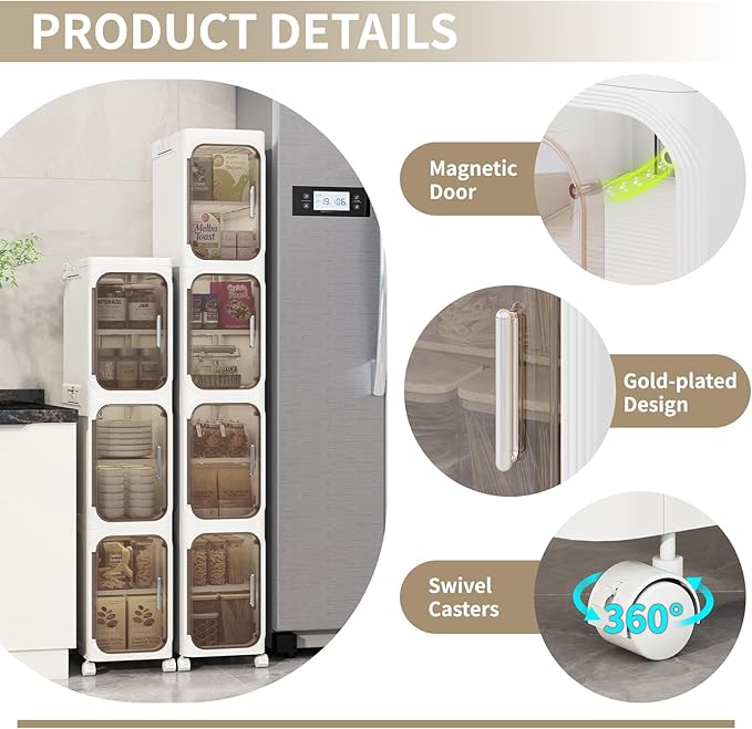 KHNR 5-Tiers Slim Bathroom Storage Cabinet, Foldable Storage Cabinets,Narrow Bathroom Storage,Movable Bathroom Storage Organizer for Small Spaces,Bathroom,Kitchen,Laundry,White
