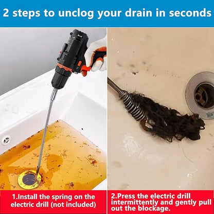 Drain Snake, Spring Drain Clog Remover with Electric Drill Connector, Durable Metal Drain Hari Cleaner Tool for Shower Kitchen Sink Bathroom Toilet Clogged Unclogger,1 Pcs 196.8 Inch 16.4 FT