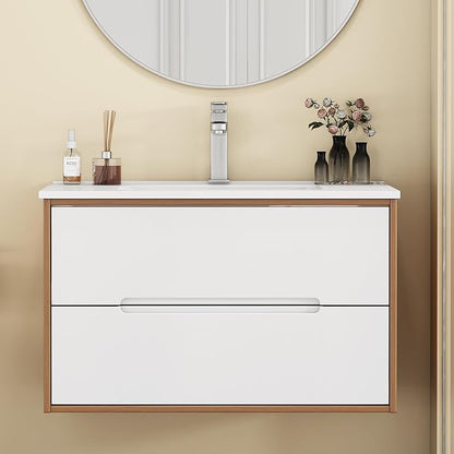 32" Wall Mounted Bathroom Vanity with Sink, Modern Floating Cabinet, Two-Tone Walnut & White Finish, 2 Soft Close Drawers, Handleless Design, Integrated Ceramic Top