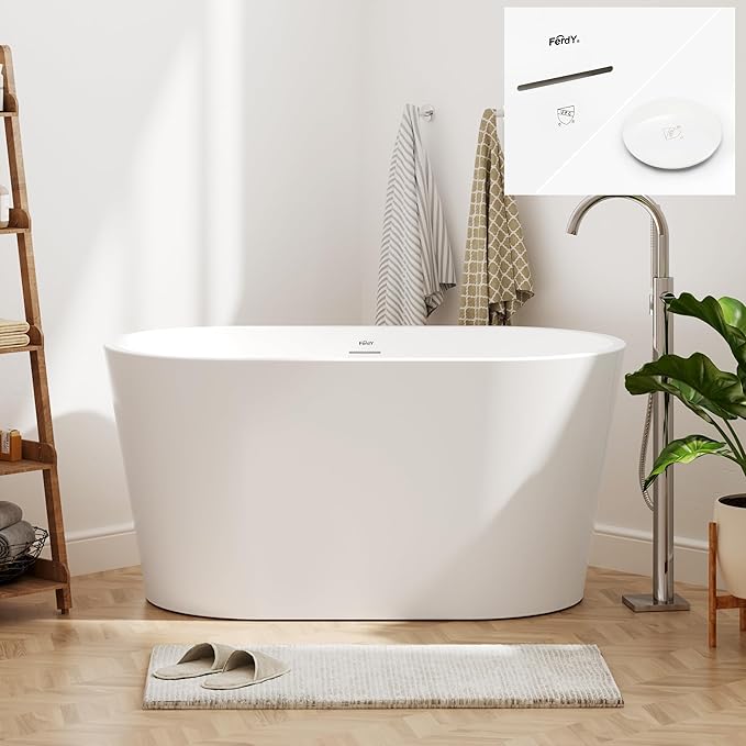 FerdY Shangri-La 47" Acrylic Freestanding Bathtub, Small Classic Oval Shape Acrylic Soaking Bathtub with White Drain & Minimalist Linear Design Overflow, Modern White, cUPC Certified