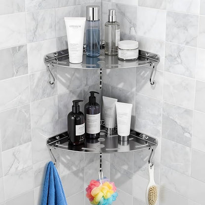 XIHLZYEH Corner Shower Shelves, 2 Pack 304 Stainless Steel Shower Shelf with 6 Hooks 40 lbs Heavy Duty, Rustproof Wall Mounted Organizer for Bathroom Drilling Installation (Silver)