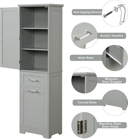Favfurish 68" Tall Bathroom Storage Cabinet with Door and 2 Drawer,Modern Linen Cabinets w/Adjustable Shelf & Magnetic Door Stopper,Freestanding Organizer for Bath Room,Study,Office,Kitchen Grey