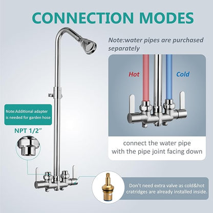Aolemi Outdoor Shower Fixtures Outdoor Shower Kit Faucet System 3 Inch Center 2 Handle Exposed Shower with Brass Mix Valve with Adjustable Bar Pipe Upward Polish Chrome