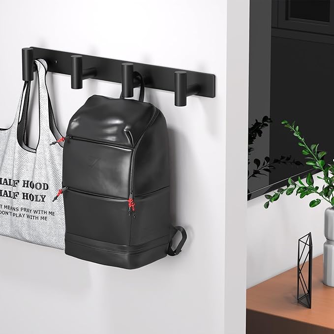 Wall Mounted Coat Rack-4 Hooks, Heavy Duty Stainless Steel Wall Hooks for Towel Coat Bag, Hat Rack Coat Hanger Coat Hooks Towel Racks for Bathroom Entryway Kitchen Hotel Office (Black, 1 Pack)
