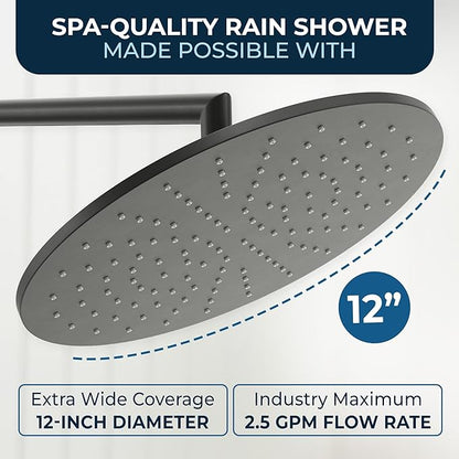 HammerHead Showers® Solid Metal 12 Inch Rainfall Shower Head, Large Rain Shower Head, 2.5 GPM High Flow Shower Head Optimized for Pressure, Wall-Mounted or Ceiling Rain Shower Head, Matte Black