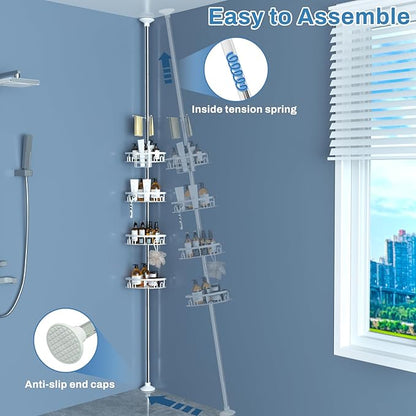 Rustproof Shower Corner Caddy Shelf for Bathroom Tension Pole Organizer with 4 Baskets for Bathtub Shampoo Storage from 23.6 to 114.5 Inch with Towel Bar (Silver)