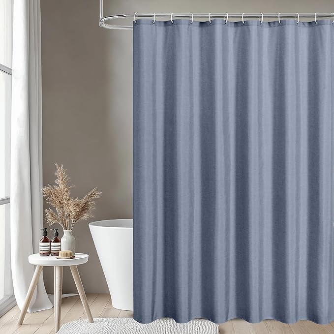 2-in-1 Waterproof Long Fabric Shower Curtain or Liner,Linen Textured,78 Inch Breathable TPU & Washable Bathroom Shower Curtain Set with 12 Plastic Hooks,Modern,72"x78" Blue Gray