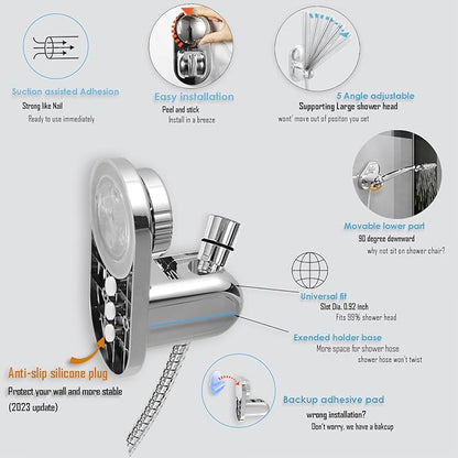 Handheld Shower Head Holder - 5 Positions Adjustable + 90° downwards - Adhesive Wall Mount - Fits Large showerhead - Wider Slot For Universal Fits - Polished Chrome