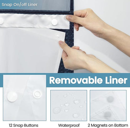 Navy Blue Long No Hook Shower Curtain with Snap in Liner,230GSM Waffle Weave Shower Curtains for Bathroom,71W x 86H