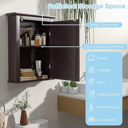 Safeplus Brown Medicine Cabinet with Mirror, Wall Mounted Adjustable Storage for Bathroom, Living Room, Bedroom, Entryway and Kitchen