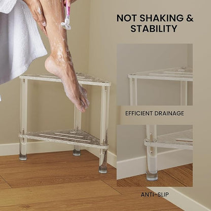 Acrylic Corner Shower Stool for Shaving Legs 11.42" D X 11.42" W X 14.37" H, Triangle Shower Foot Rest with Storage Shelf, Heavy Duty, for Inside Shower (Water Ripple Texture)
