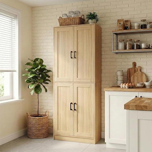 71" Tall Kitchen Pantry Cabinet, Freestanding Food Storage Organizer with Doors & Adjustable Shelves, Large Utility Hutch Cupboard for Dining Room, Living Room, Bathroom & Home Office, Oak