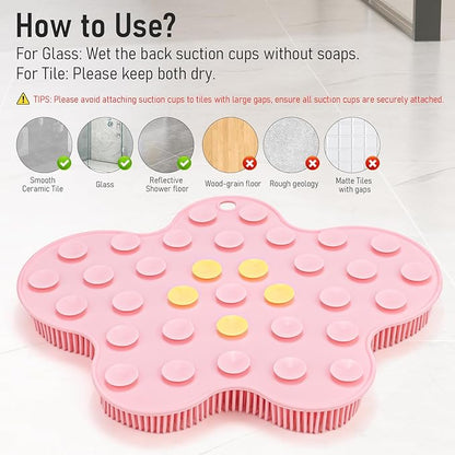 Shower Foot Scrubber Mat Silicone, Back Scrubber Exfoliating Washer Pad Wall-Mounted, Large Feet Clean Message with Suction Cups for Wall Smooth Floor - Extra long & Soft Bristles without Bending Pink