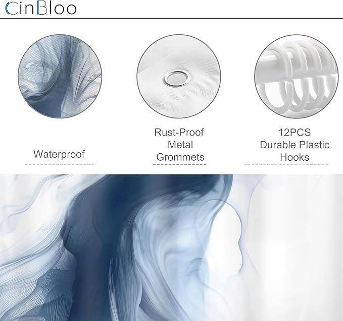 Cinbloo Navy Blue Shower Curtain 60Wx72H Abstract Modern Neutral Ombre Marble Minimalist Bathroom Decor Elegant Texture Chic Simple Painting Artistic Aesthetic Fabric Blue Bath Curtain with 12 Hooks