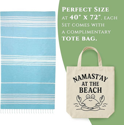 Turkish Cotton Beach Towel Pack of 4 & 1 Boho Tote Bag - Hammam Towels - No Shrink - Quick Dry - Lightweight - Sand Free - Camping - Pool - Tanning - Beach Essentials - Sky Blue (40"x70")