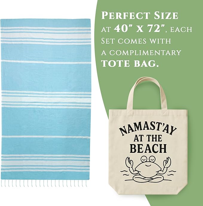 Turkish Cotton Beach Towel Pack of 6 & 1 Boho Tote Bag - Hammam Towels - No Shrink - Quick Dry - Lightweight - Sand Free - Camping - Pool - Tanning - Beach Essentials - Sky Blue (40"x70")