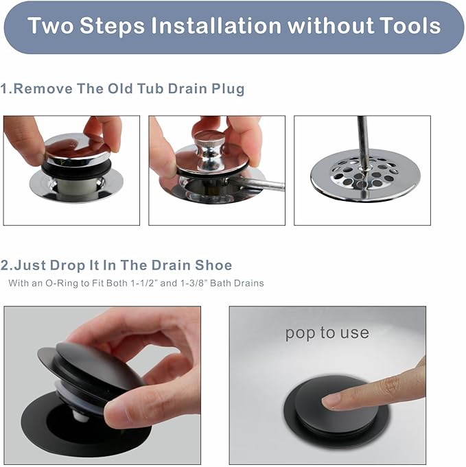 Matte Black Tub Drain Stopper, Hidrop Pop Up Universal Tub Dain Tip Toe Bathtub Drain Stopper, Fit 1.375 to 1.5 Inches, Replaces Lift and Turn, Tip-Toe and Trip Lever Drains for Tub, EZ Installation